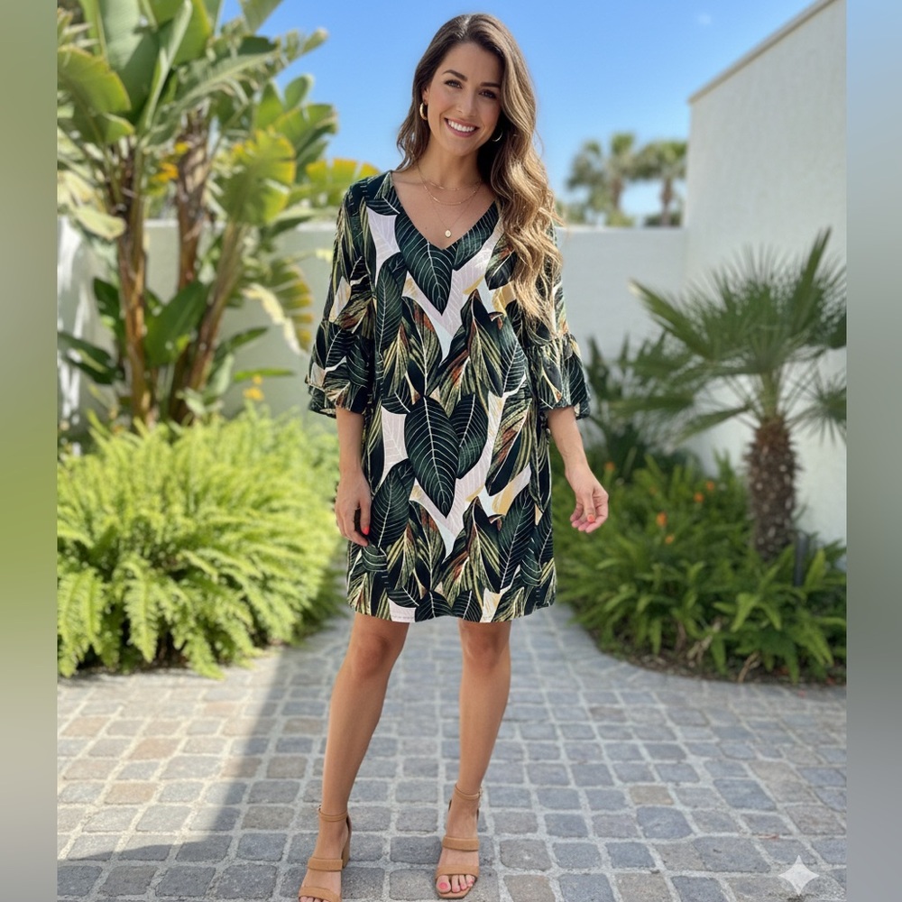 Boho Chic Belongsci Leaf Print Dress with Flared Sleeves 0025